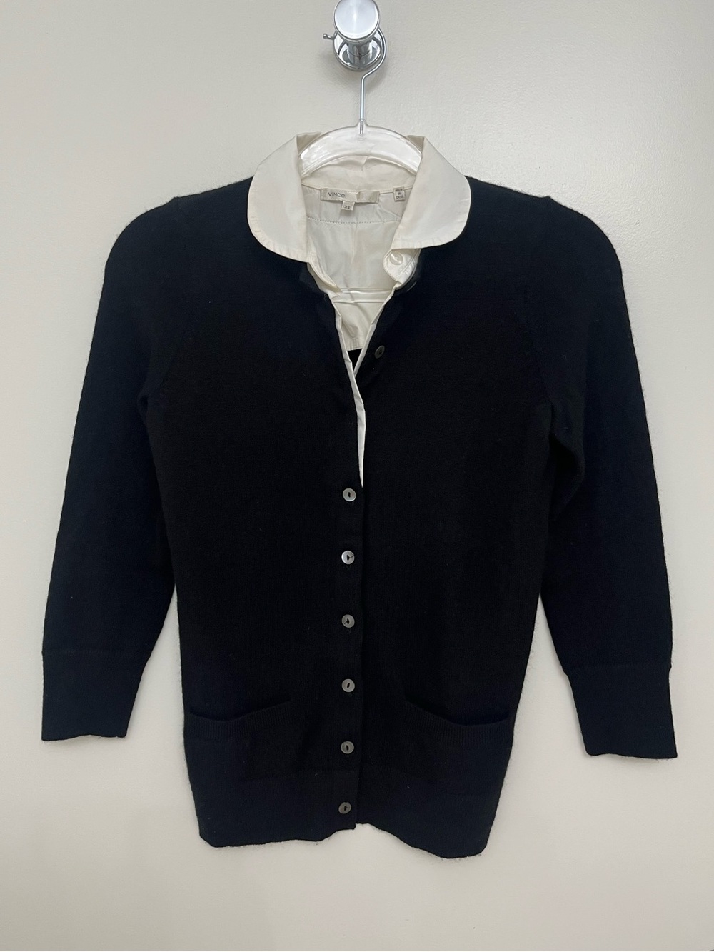 Vince Black Cashmere Cardigan Sweater with White Collar  Size XS